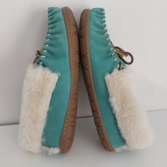 LL Bean Slippers Women 8 Teal Blue Suede Fur Lined Moccasins Cabincore Durable - Picture 10 of 15